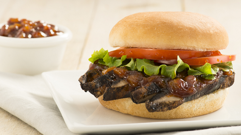 Grilled Portobello Mushroom Burger with BBQ Onions