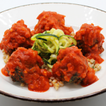 Meatballs with zoodles and red pepper sauce