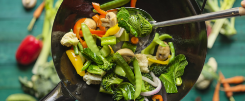 stir-fry vegetables in wok