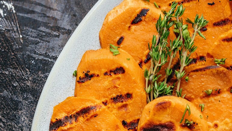 grilled sweet potato slices with thyme