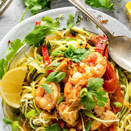 Pasta with shrimp, lemon, parsley, and zucchini noodles